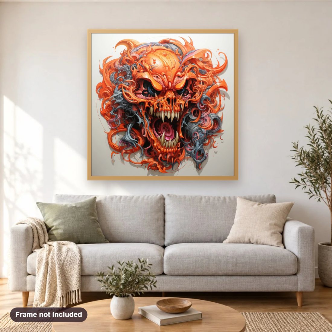 Vampire Skull diamond painting shown framed on a living room wall above a sofa