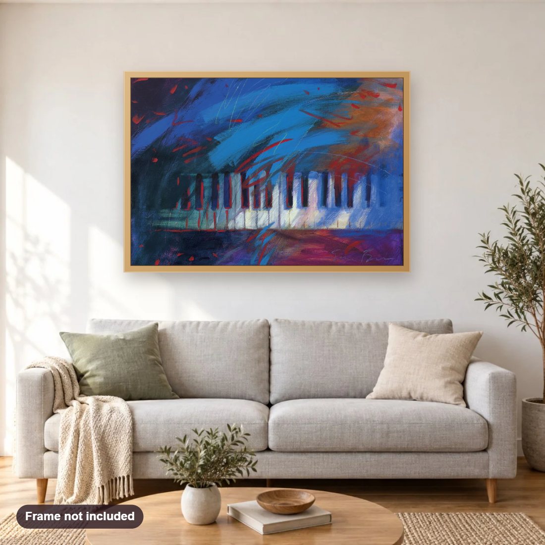 Variations diamond painting shown framed on a living room wall above a sofa