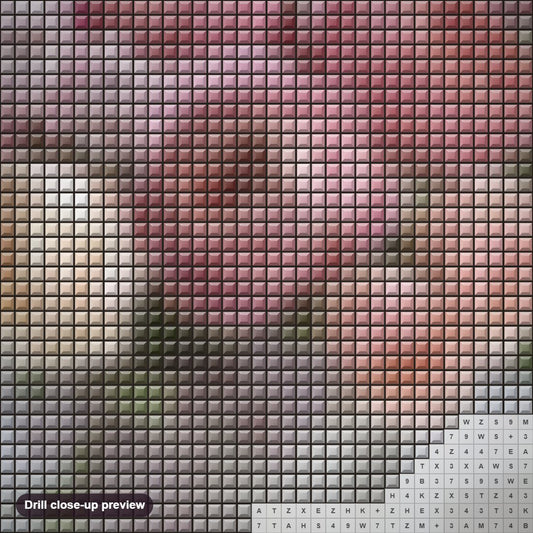 Close-up preview of the Vase Full of Roses diamond painting with square 5D drills and printed canvas symbols