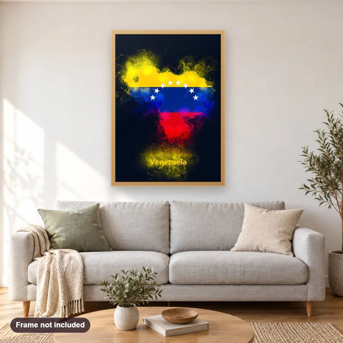 Venezuela Country Map diamond painting shown framed on a living room wall above a sofa