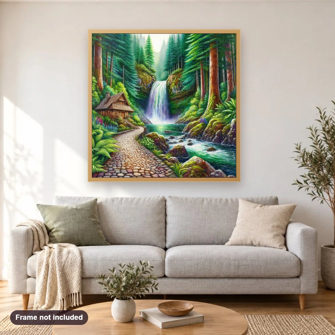 Verdant Haven diamond painting shown framed on a living room wall above a sofa