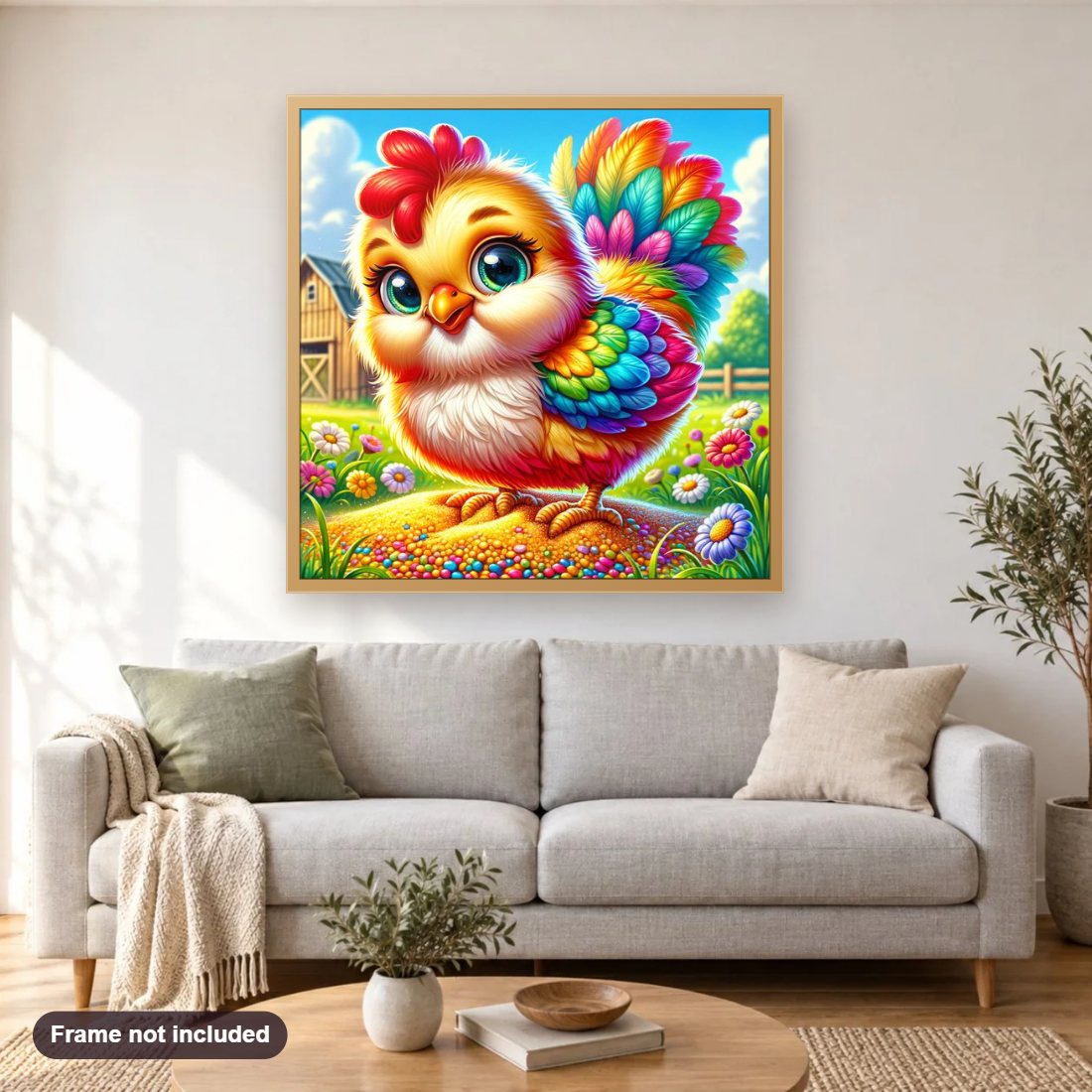Vibrant and Cheerful Chick diamond painting shown framed on a living room wall above a sofa