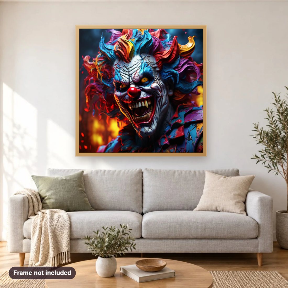 Vibrant Comic Fantasy Evil Clown diamond painting shown framed on a living room wall above a sofa