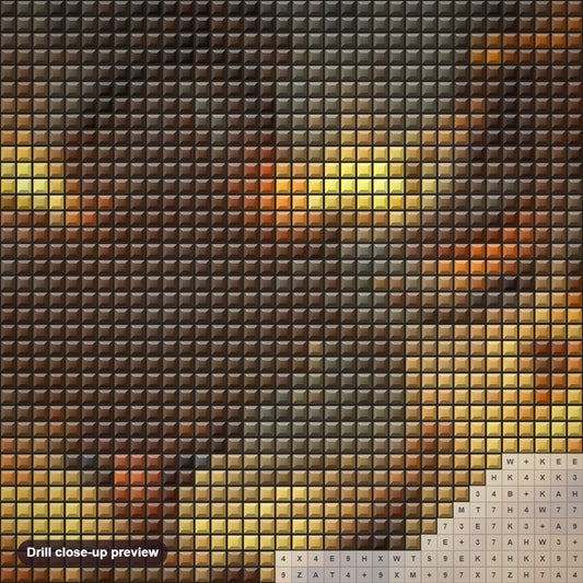 Close-up preview of the Vibrant Energy of the Lion diamond painting with square 5D drills and printed canvas symbols