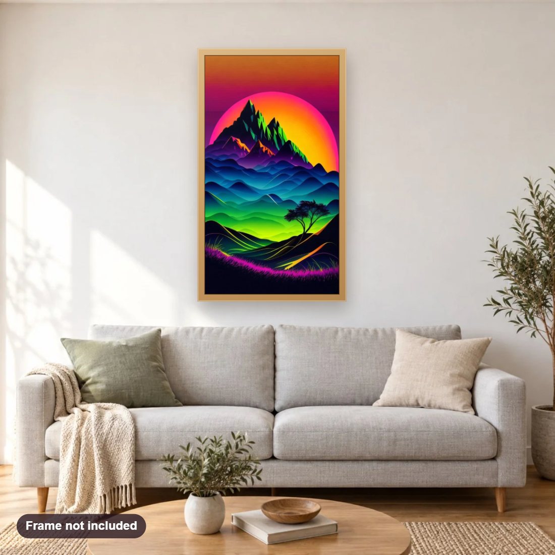 Vibrant Peaks in Living Color diamond painting shown framed on a living room wall above a sofa