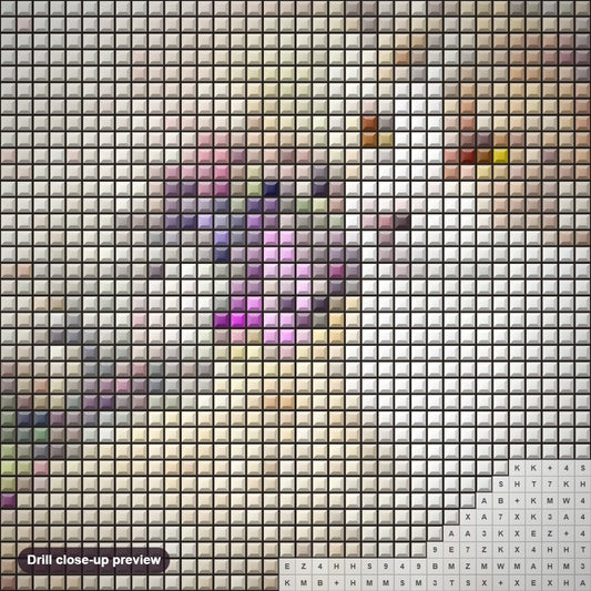 Close-up preview of the Victorian Cat diamond painting with square 5D drills and printed canvas symbols