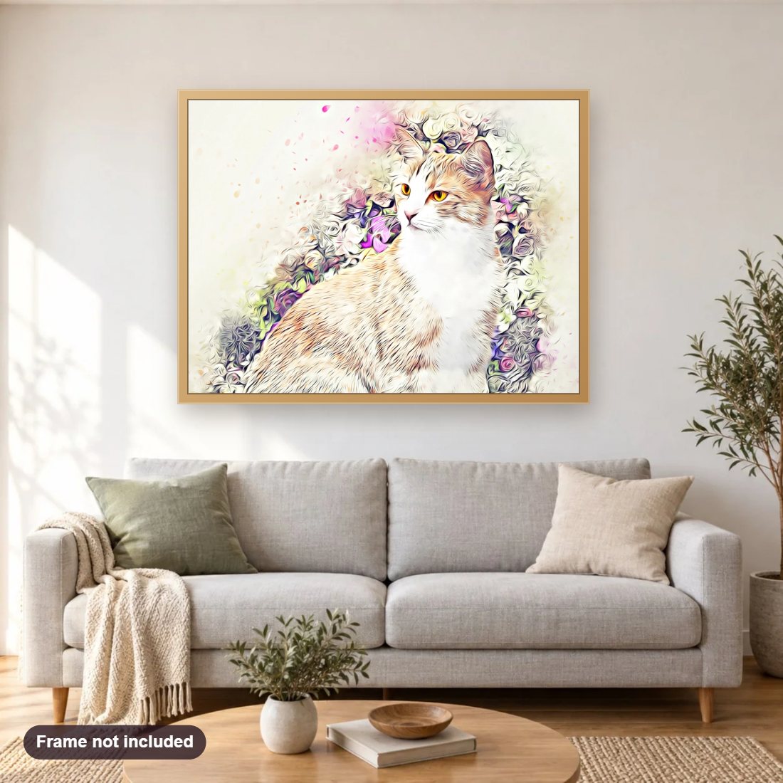 Victorian Cat diamond painting shown framed on a living room wall above a sofa