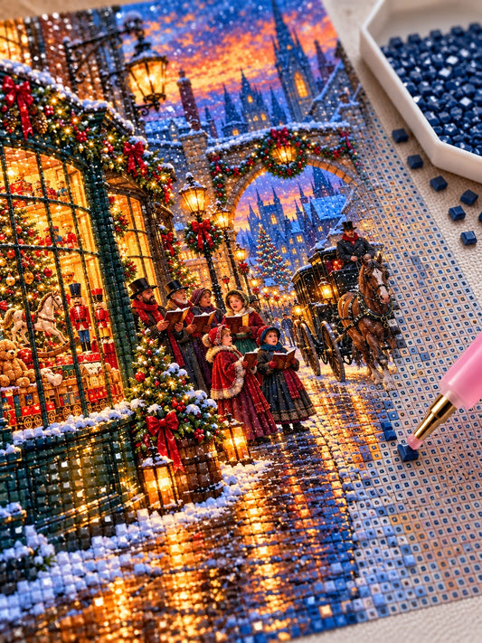 Close-up of the Victorian Christmas street at dusk with carolers and carriage diamond painting in progress, square resin drills, wax pen and drill tray