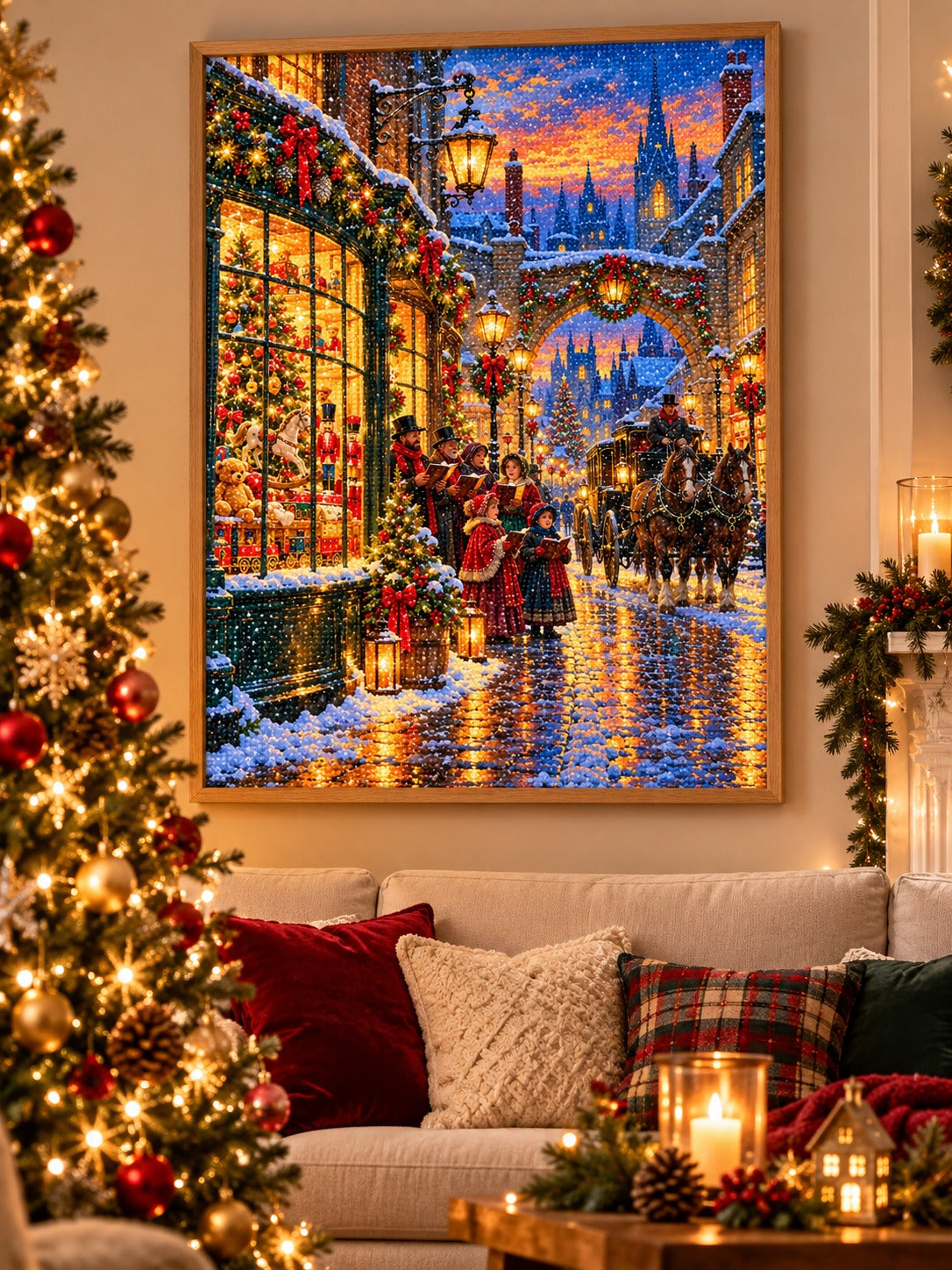 Finished Victorian Christmas street at dusk with carolers and carriage diamond painting in a light oak frame hanging in a cozy living room decorated for Christmas