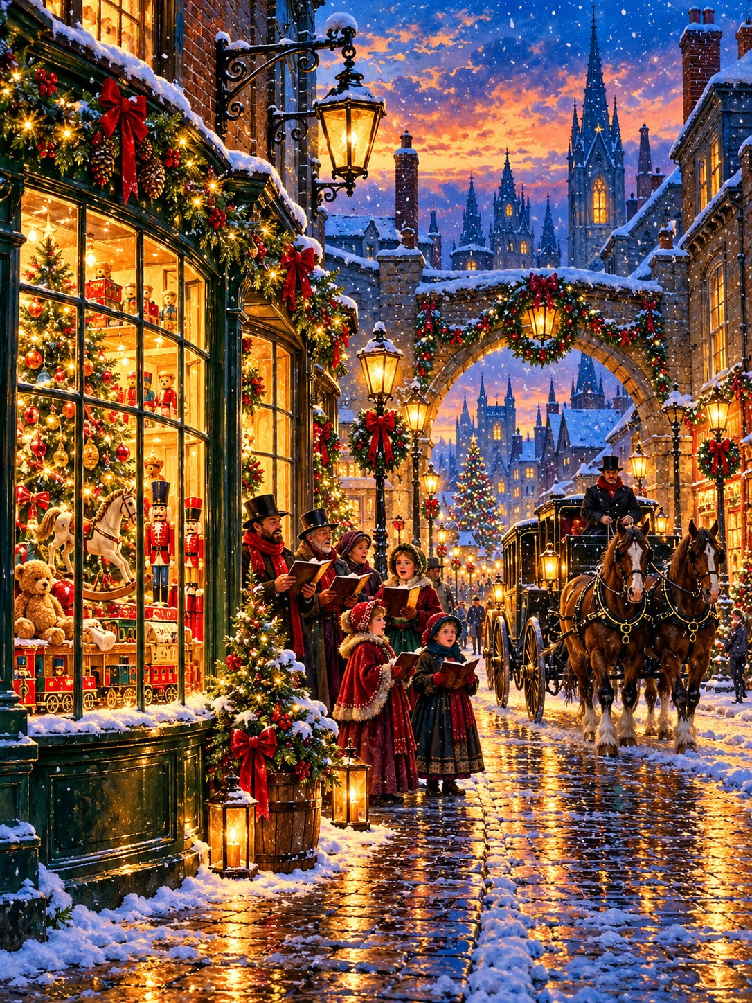 Victorian Christmas street at dusk with carolers and carriage, Christmas diamond painting kit by All Diamond Painting