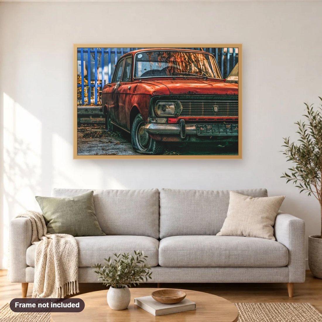 Vintage Car diamond painting shown framed on a living room wall above a sofa