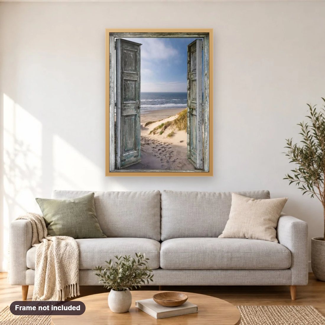 Vintage Doorway to Beach diamond painting shown framed on a living room wall above a sofa