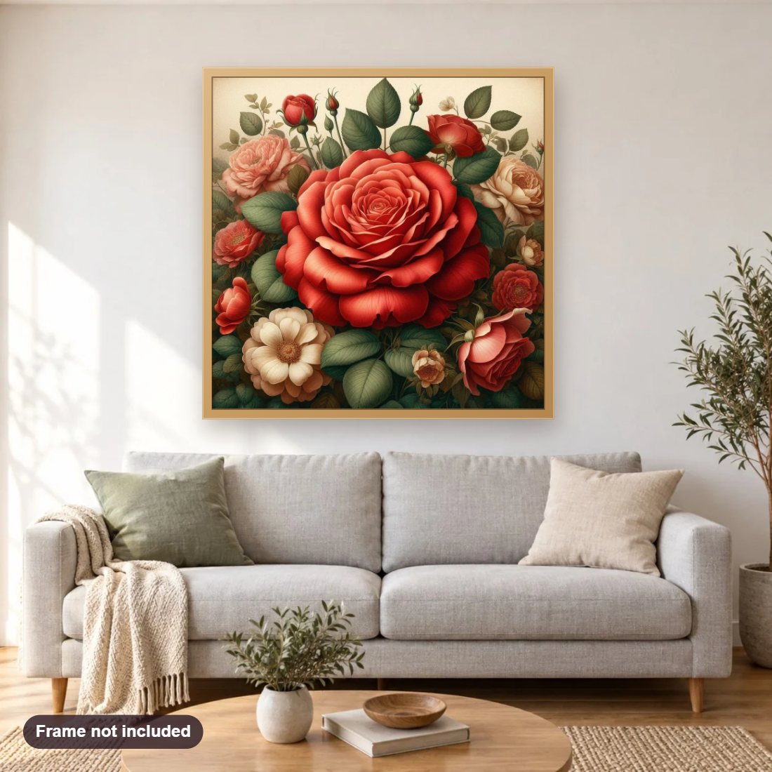 Vintage Roses' Enduring Beauty diamond painting shown framed on a living room wall above a sofa