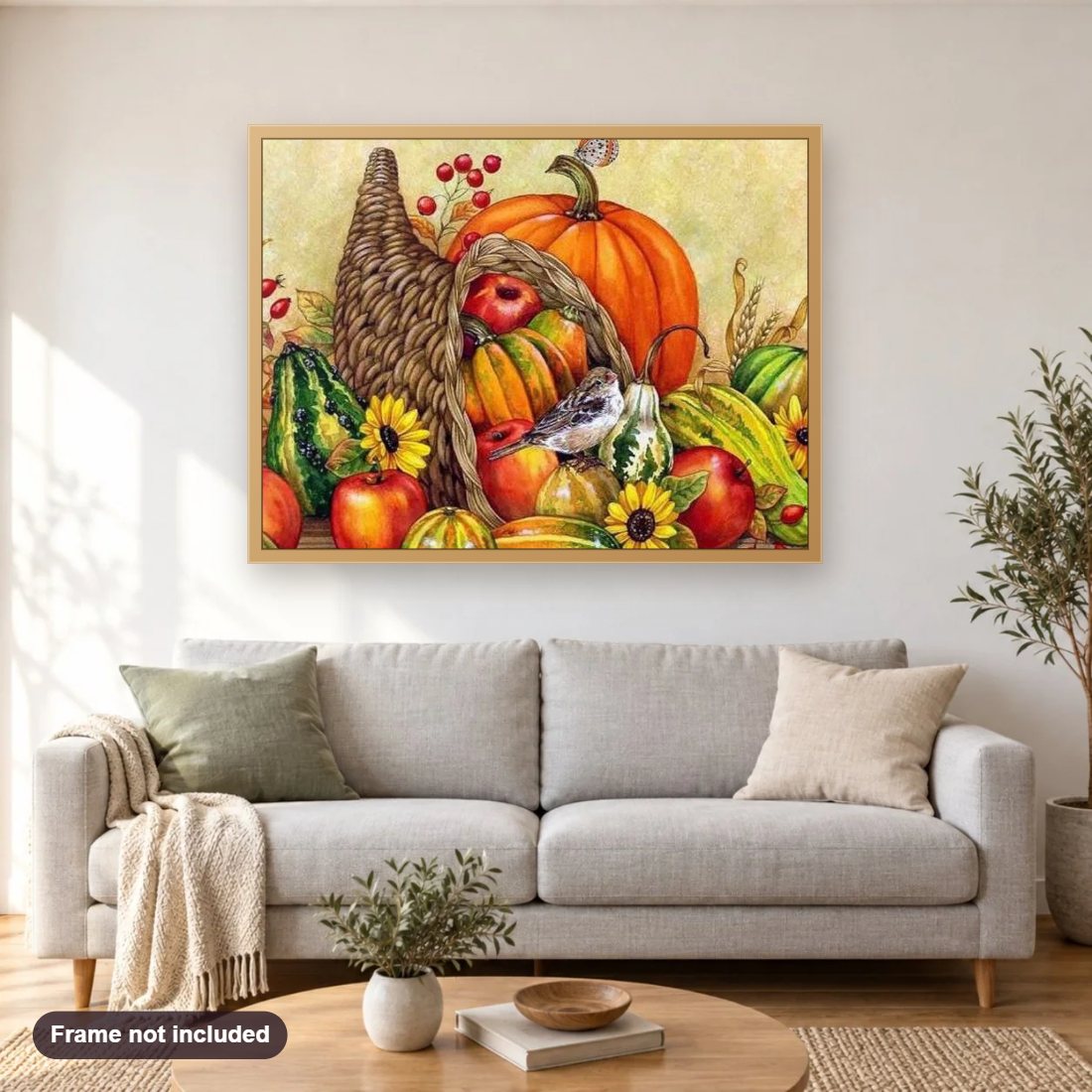 Vintage Thanksgiving diamond painting shown framed on a living room wall above a sofa