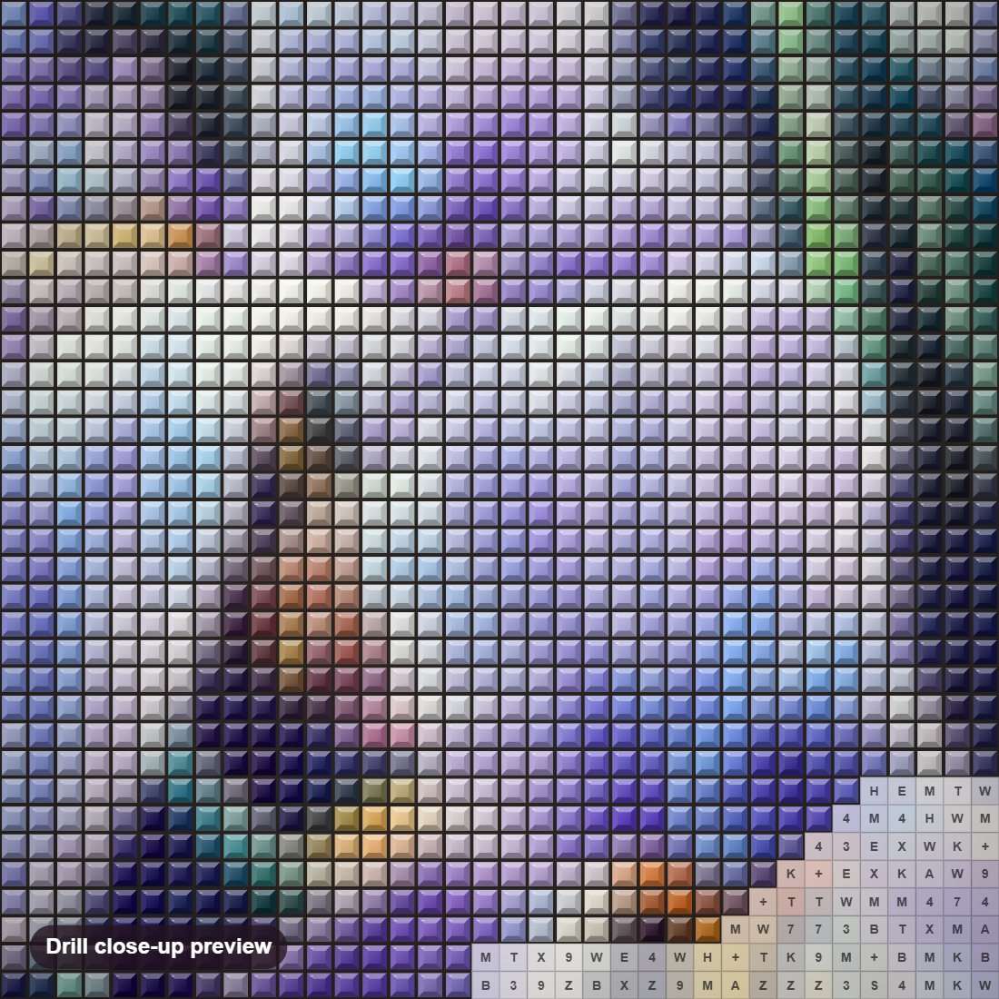 Close-up preview of the Violet Iris diamond painting with square 5D drills and printed canvas symbols