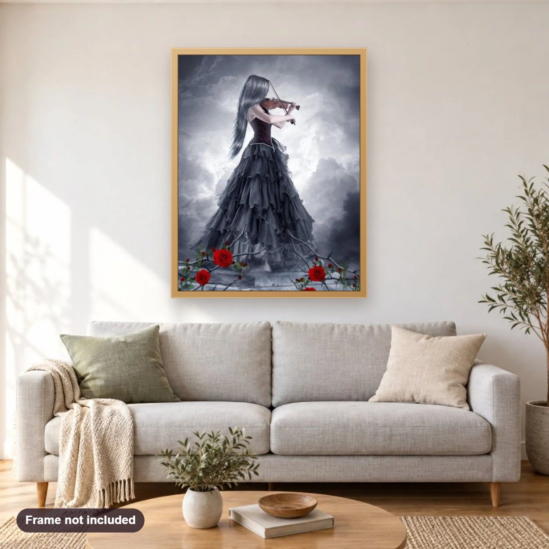 violinist Girl diamond painting shown framed on a living room wall above a sofa