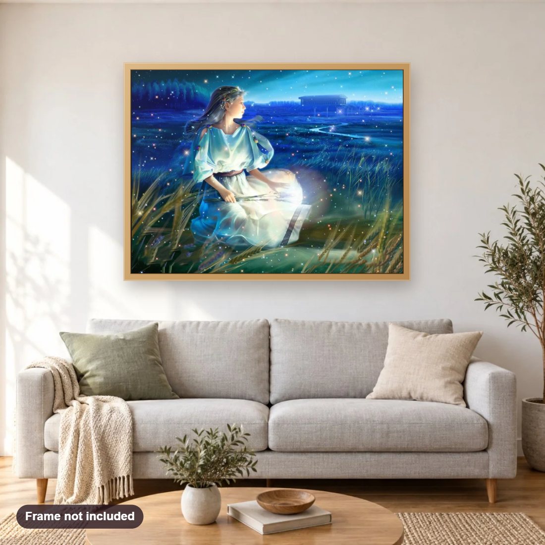 Virgo Zodiac diamond painting shown framed on a living room wall above a sofa