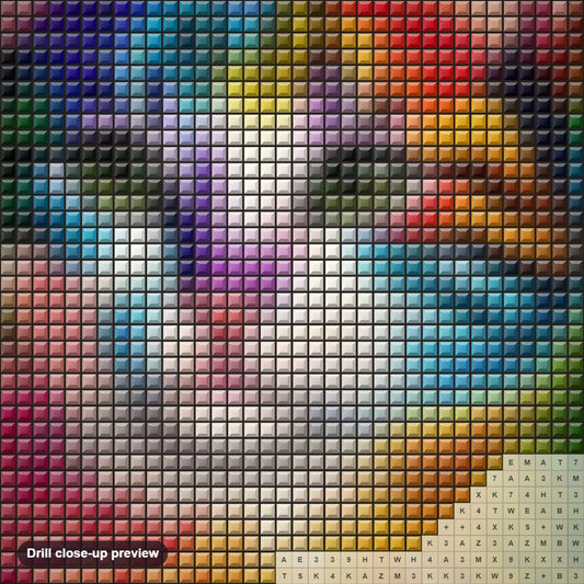 Close-up preview of the Vivid Beauty of Rainbow Kitty diamond painting with square 5D drills and printed canvas symbols