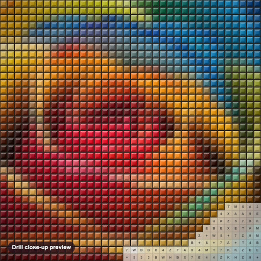 Close-up preview of the Vivid Close Up of a Colorful Rose diamond painting with square 5D drills and printed canvas symbols