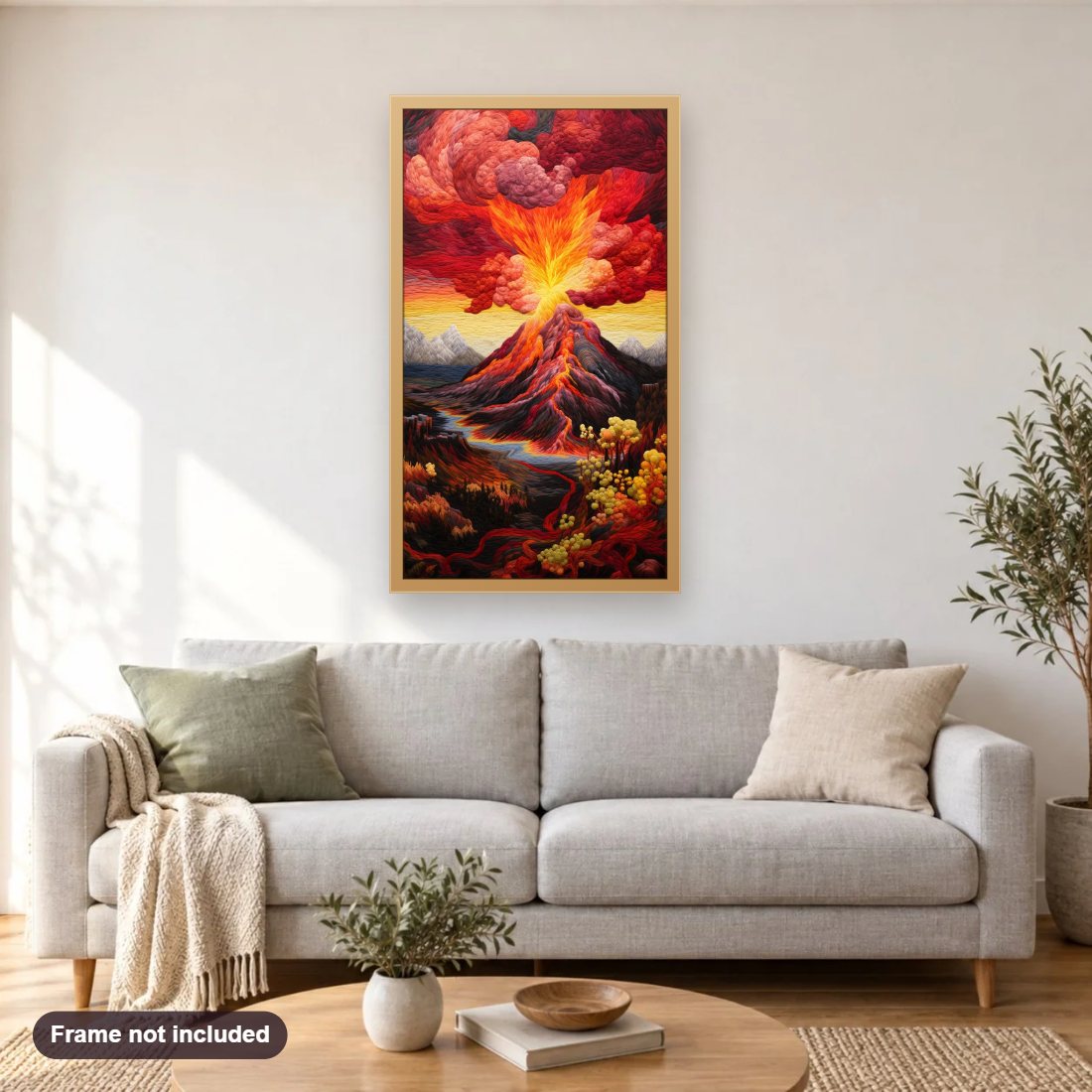 Volcano Exploding diamond painting shown framed on a living room wall above a sofa
