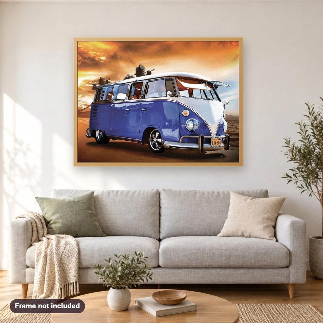 Volkswagen Type 2 mini bus diamond painting shown framed on a living room wall above a sofa
