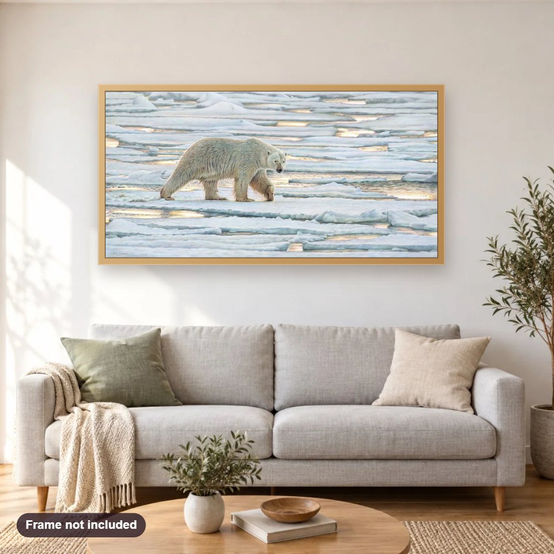 Walking on Ice diamond painting shown framed on a living room wall above a sofa