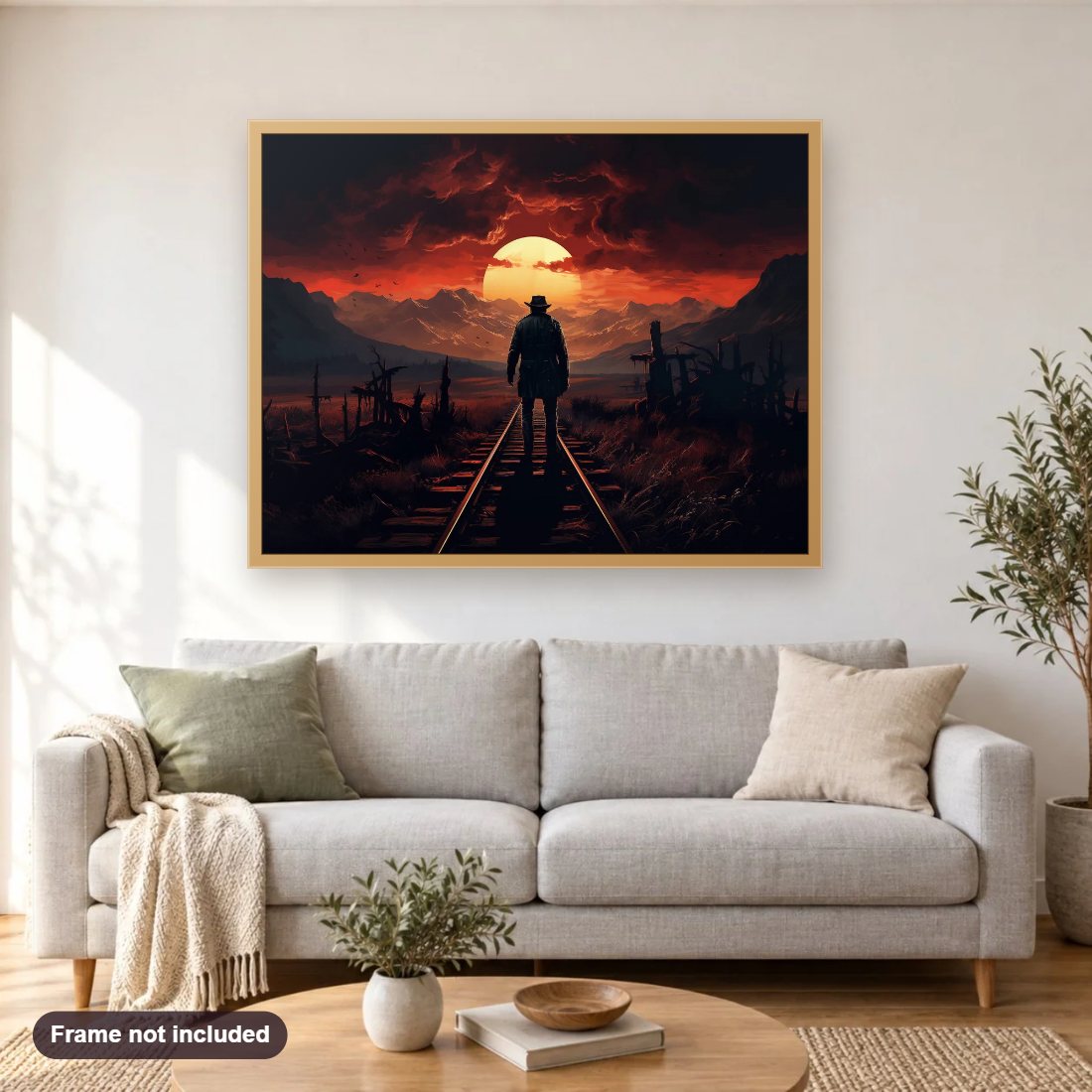 Walking on the Rails diamond painting shown framed on a living room wall above a sofa
