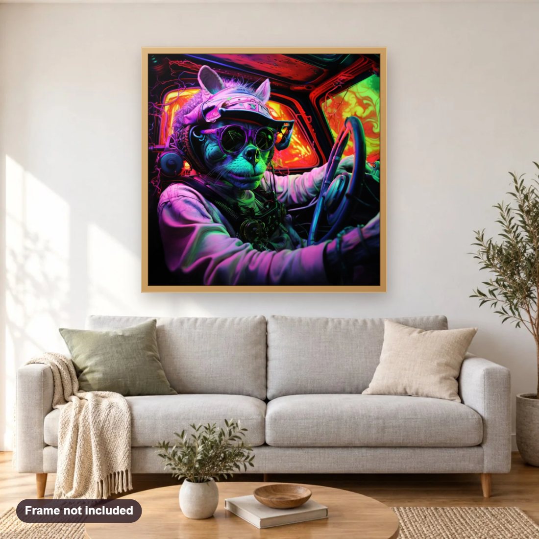 Wanna Have a Ride with Me diamond painting shown framed on a living room wall above a sofa