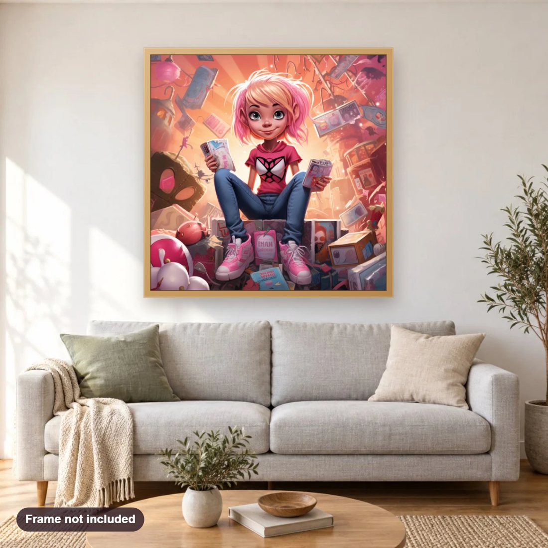 Wanna Play With Me? diamond painting shown framed on a living room wall above a sofa
