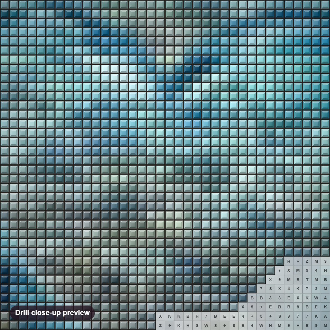 Close-up preview of the Water Heart diamond painting with square 5D drills and printed canvas symbols