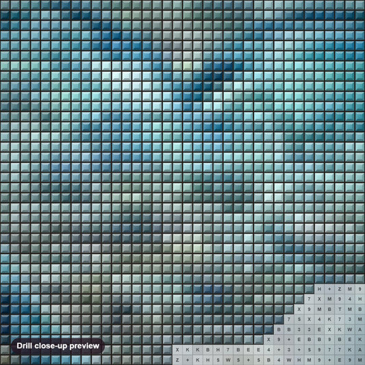 Close-up preview of the Water Heart diamond painting with square 5D drills and printed canvas symbols