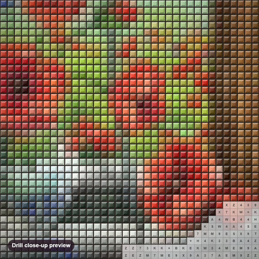 Close-up preview of the Water Well & Flowers diamond painting with square 5D drills and printed canvas symbols