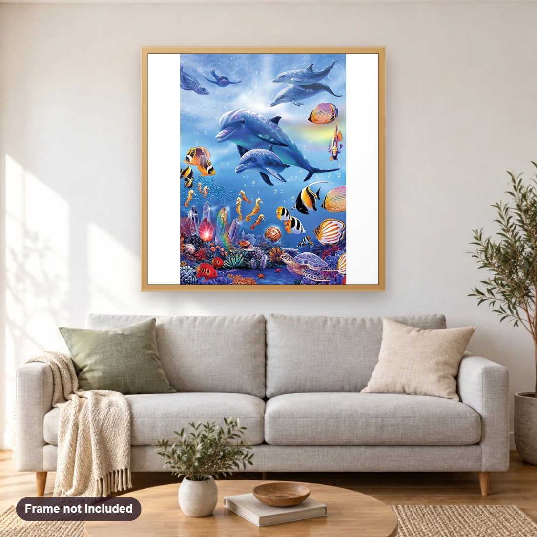 Water World diamond painting shown framed on a living room wall above a sofa