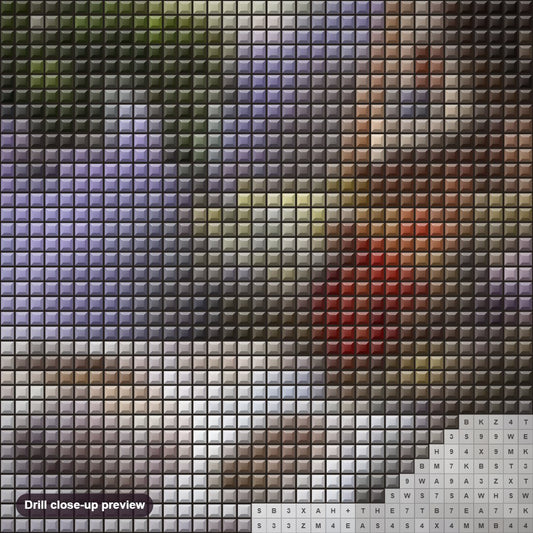 Close-up preview of the Waterfall & Beautiful House diamond painting with square 5D drills and printed canvas symbols