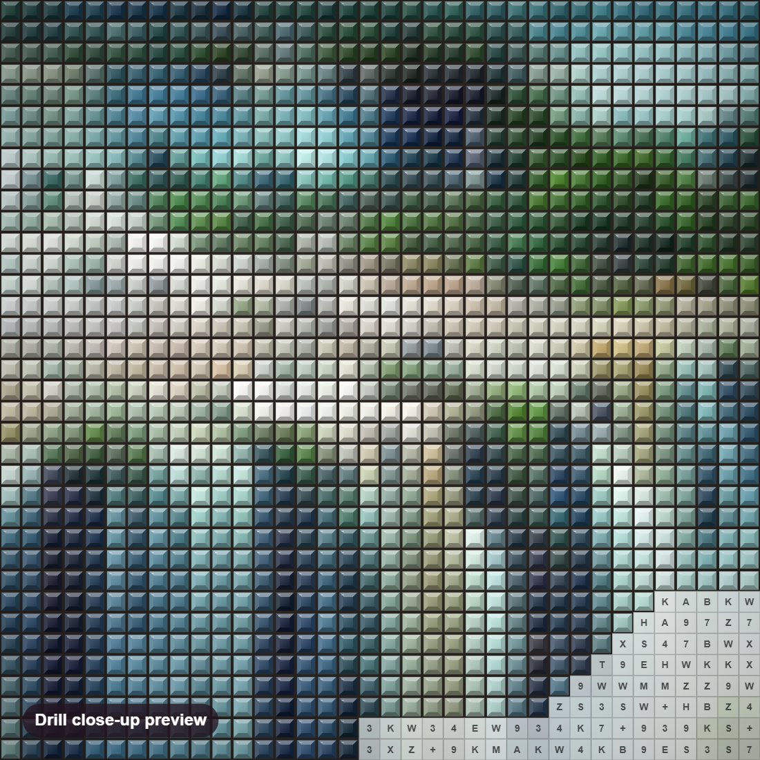 Close-up preview of the Waterfall diamond painting with square 5D drills and printed canvas symbols