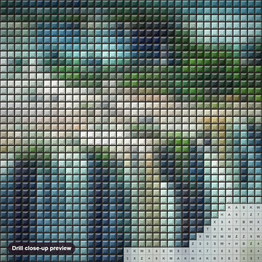 Close-up preview of the Waterfall diamond painting with square 5D drills and printed canvas symbols