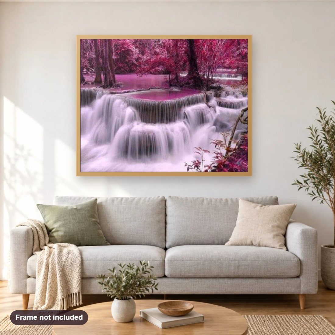 Waterfall Landscape diamond painting shown framed on a living room wall above a sofa