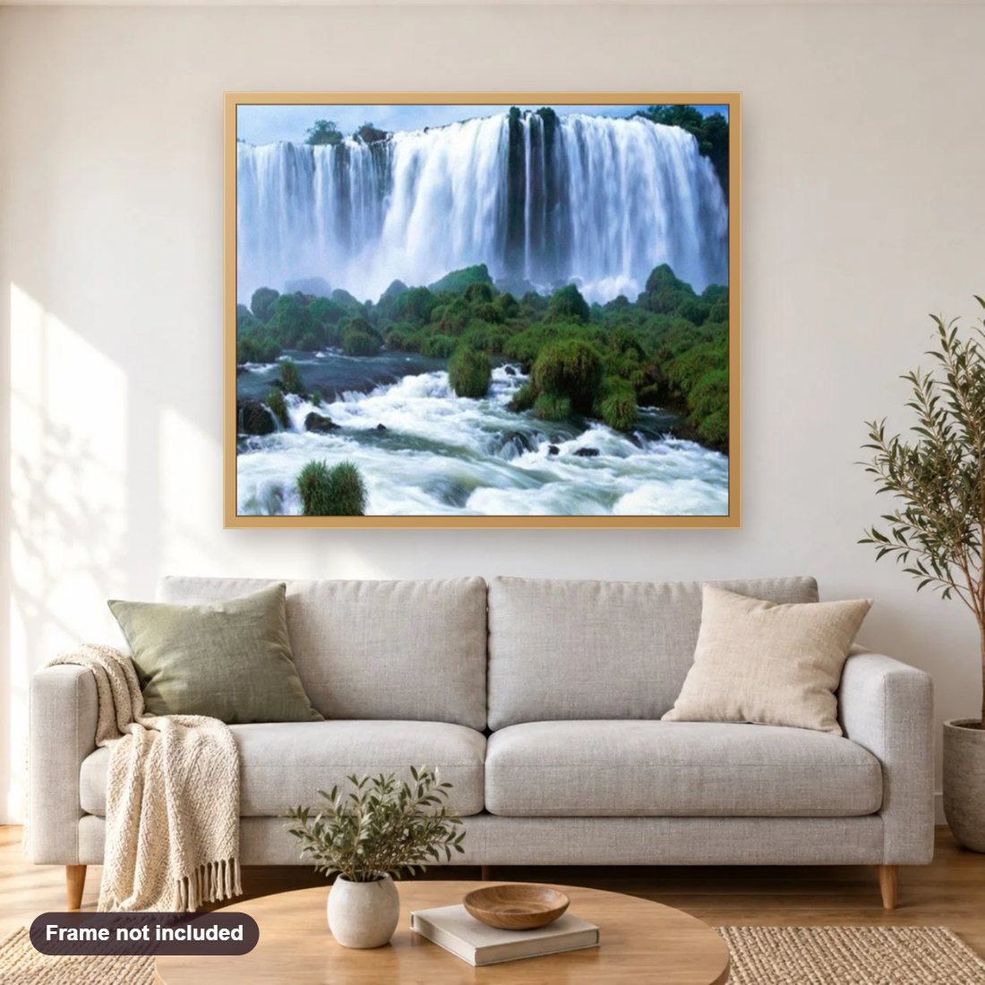 Waterfall Scenic Beauty diamond painting shown framed on a living room wall above a sofa