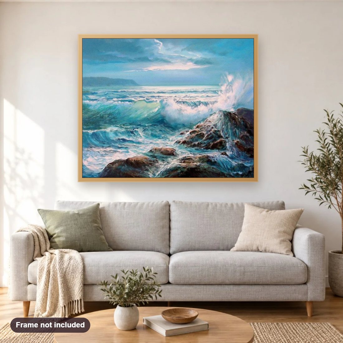Waves Crashing on Rocks diamond painting shown framed on a living room wall above a sofa