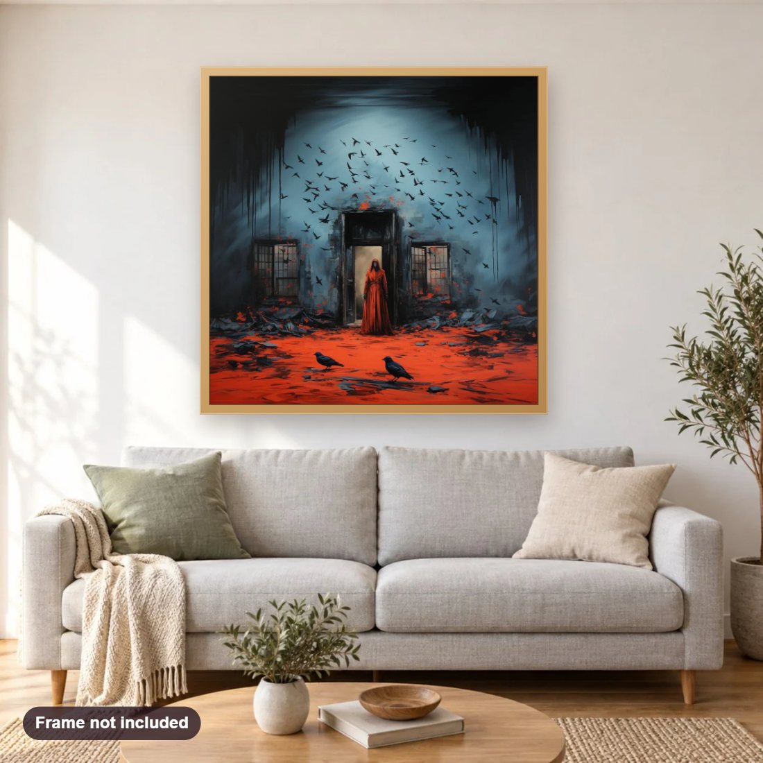 Welcome to The Haunted House diamond painting shown framed on a living room wall above a sofa