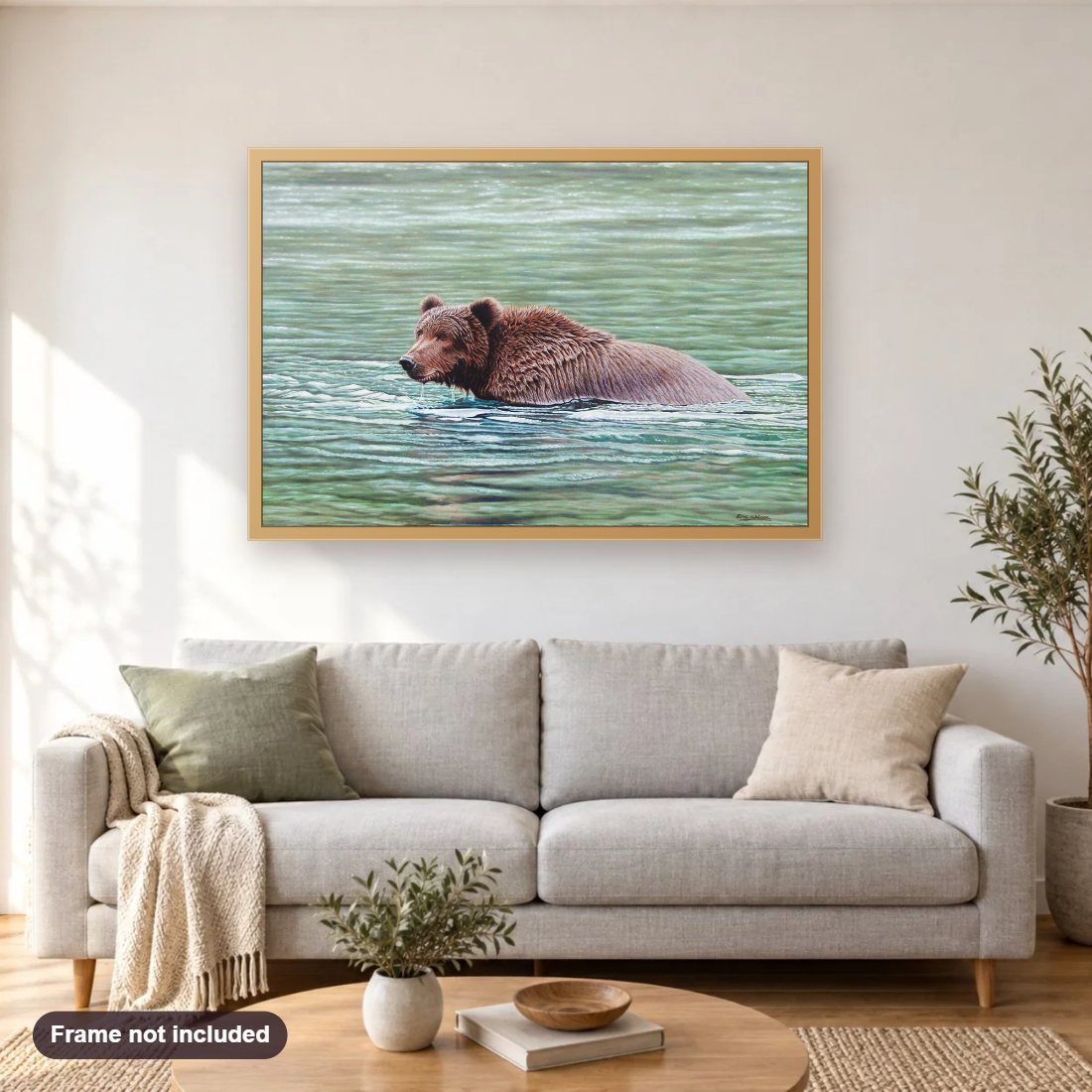 Wet n' Wild diamond painting shown framed on a living room wall above a sofa