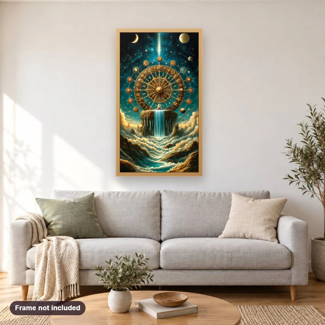 Wheel of Fortune diamond painting shown framed on a living room wall above a sofa