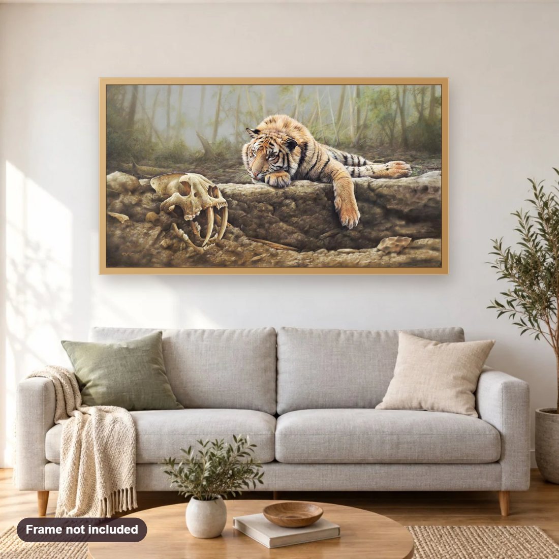 Where Tigers Pray diamond painting shown framed on a living room wall above a sofa