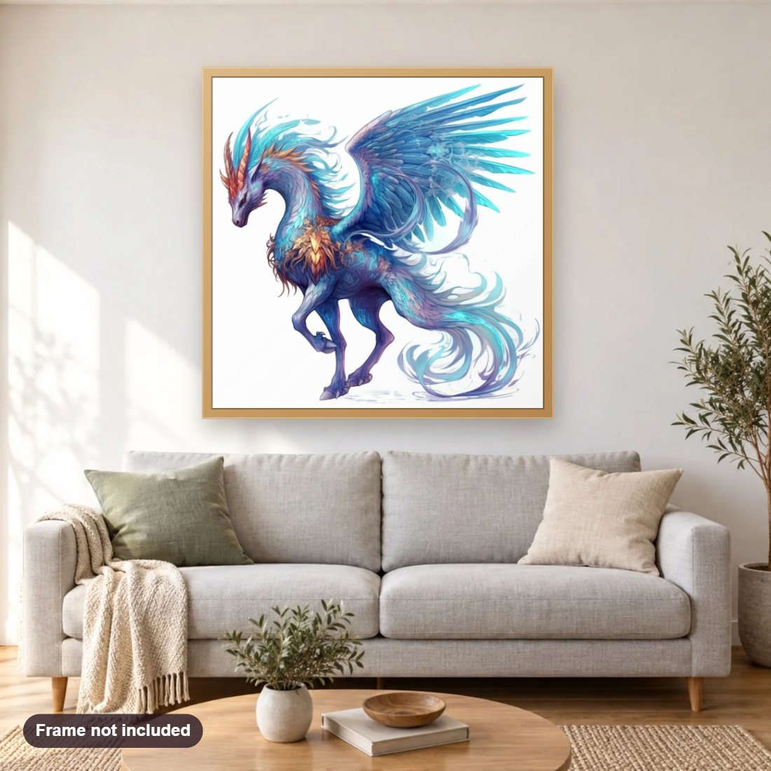 Whimsical Dragon diamond painting shown framed on a living room wall above a sofa