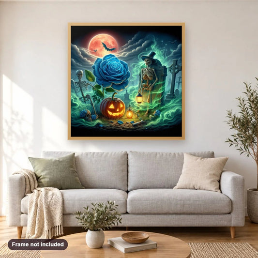 Whimsical Spooky Graveyard diamond painting shown framed on a living room wall above a sofa