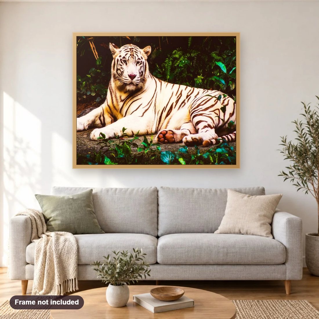 White Beast diamond painting shown framed on a living room wall above a sofa