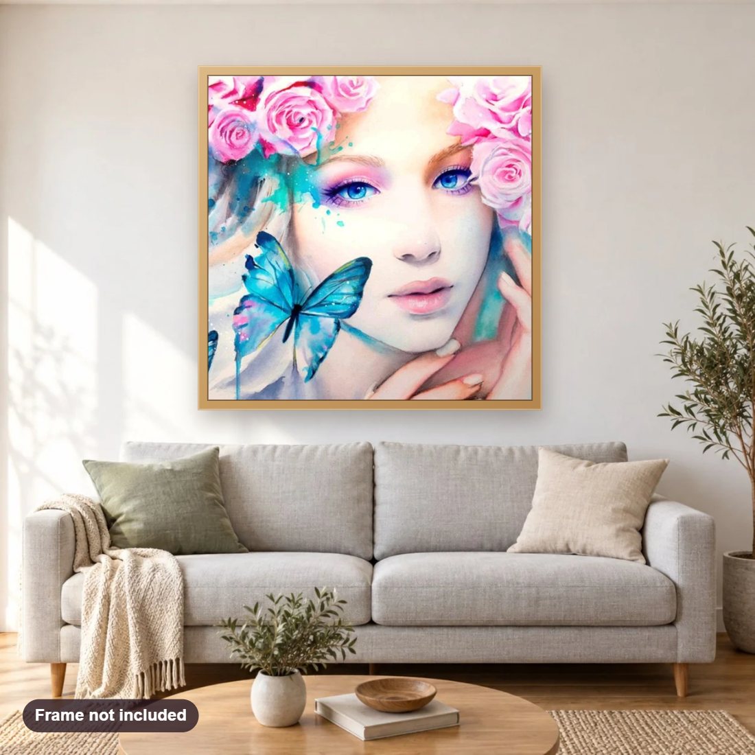 White Beauty diamond painting shown framed on a living room wall above a sofa