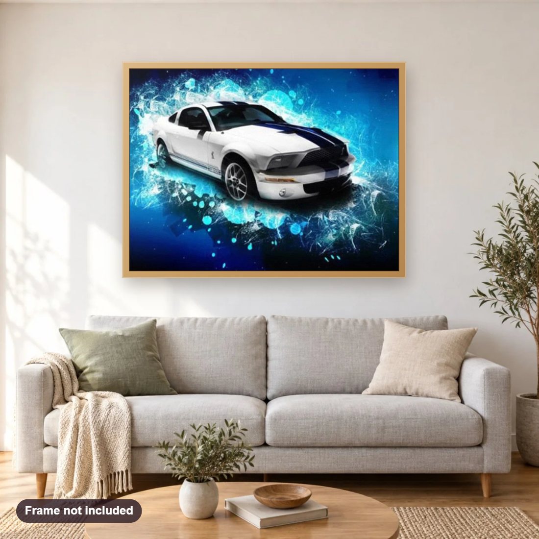 White & Blue Shelby mustang diamond painting shown framed on a living room wall above a sofa
