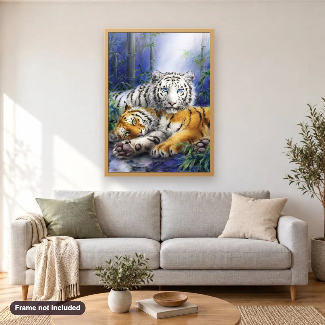 White & Brown Tigers diamond painting shown framed on a living room wall above a sofa