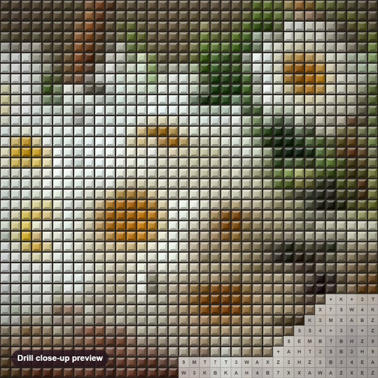 Close-up preview of the White Daisies in the Basket diamond painting with square 5D drills and printed canvas symbols